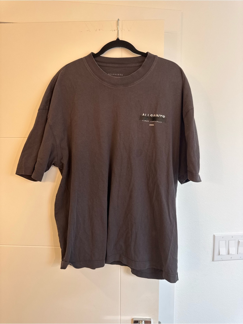 All Saints Men's Dark Charcoal Logo Short Sleeve Tee